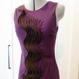 Sleeveless Purple Mini Dress with Wavy Gold Trim